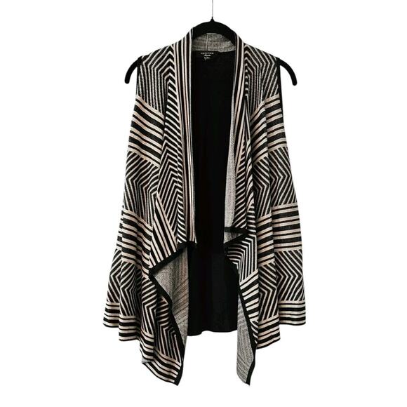 Spense Knits Womens Medium Open Front Waterfall Sweater Vest Black Beige Stripe - Picture 1 of 6